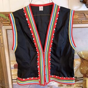 Vintage Festival Cottagecore Coachella Black Vest With Red Ribbon Piping